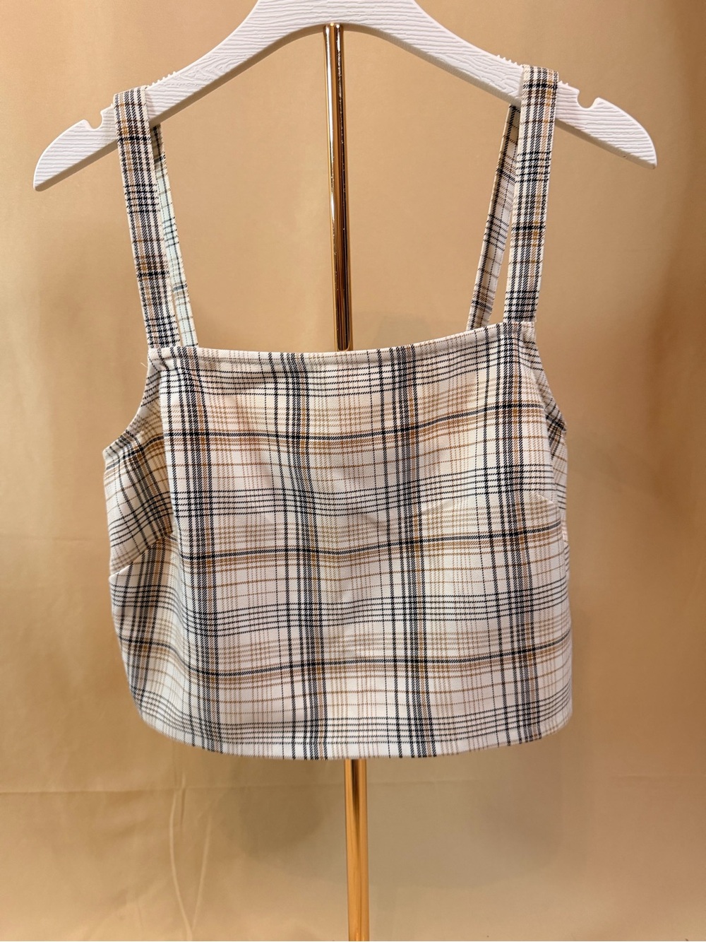 bp Plaid Square-Neck Cami in Cream, Black and Tan